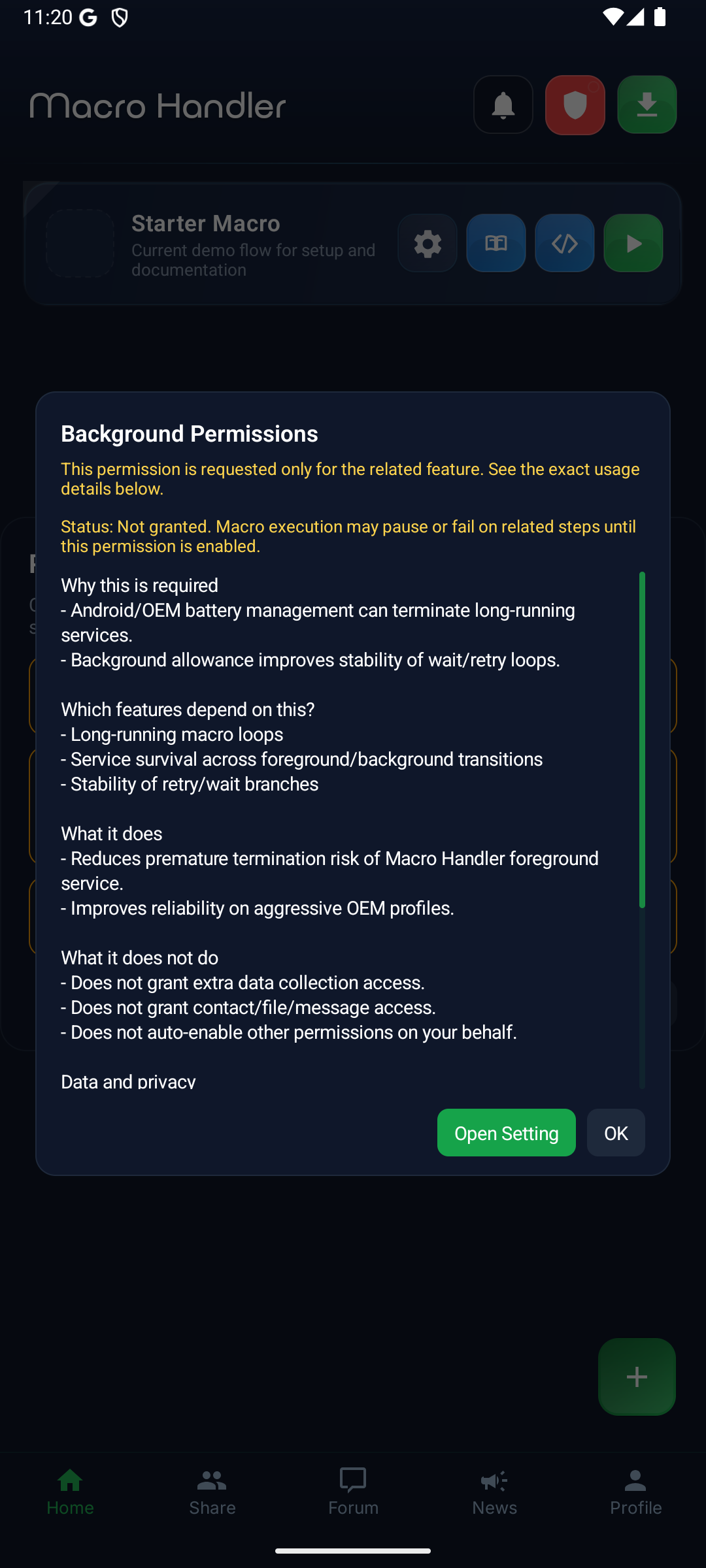 Background permission detail