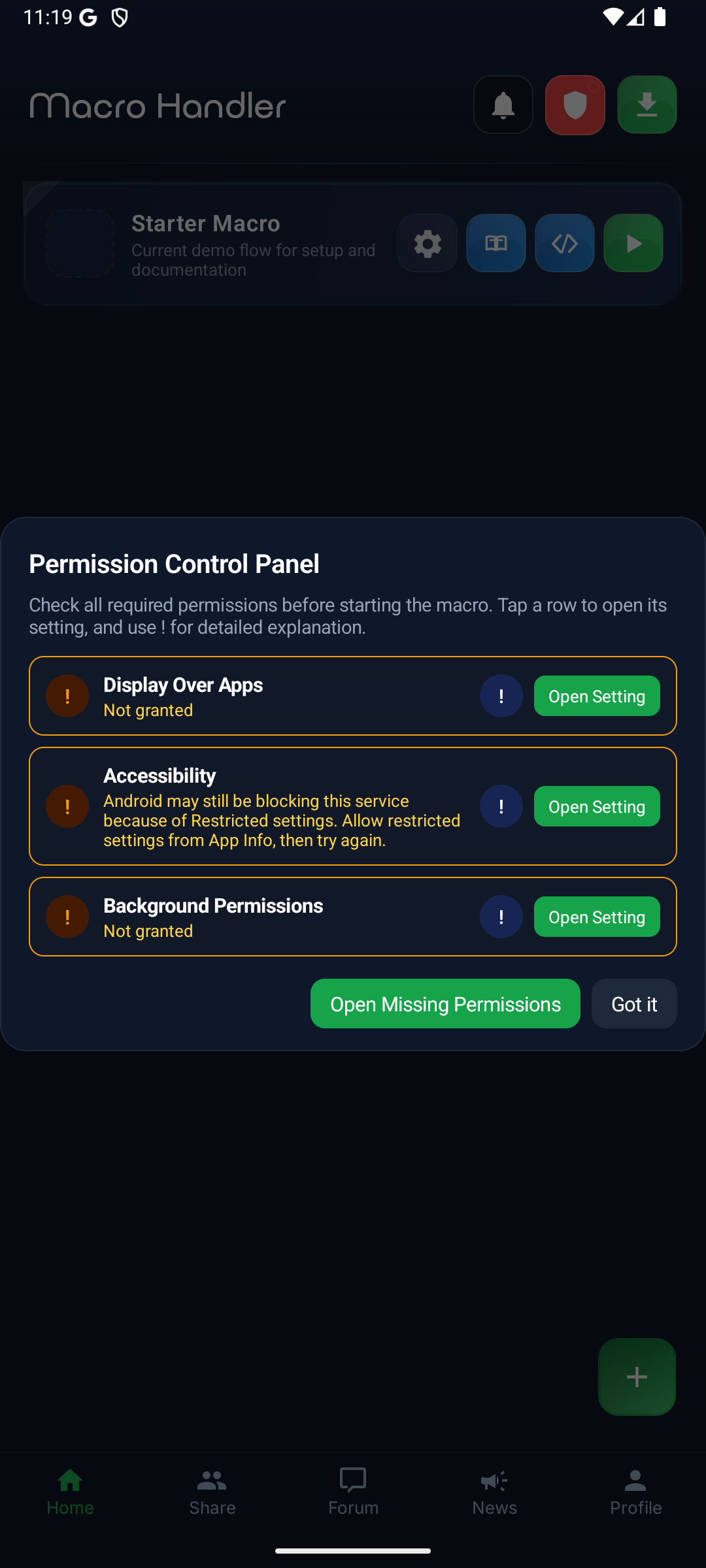 Permission dialog