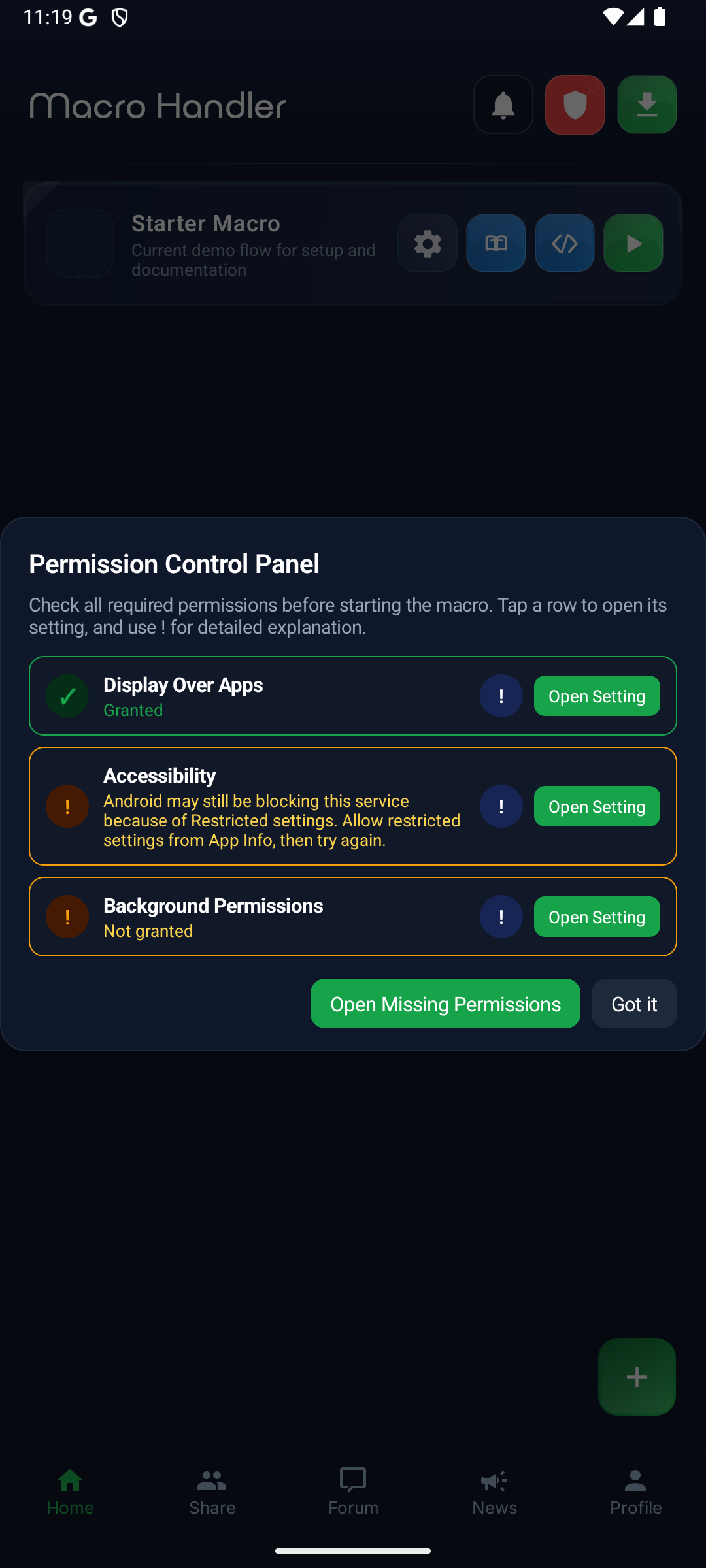 Permission progress state