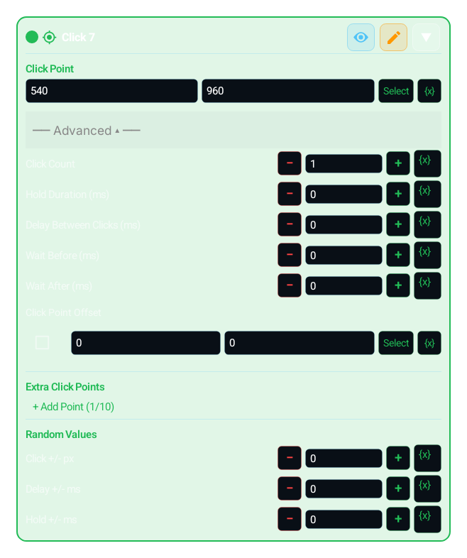 Click (CLICK) advanced settings panel