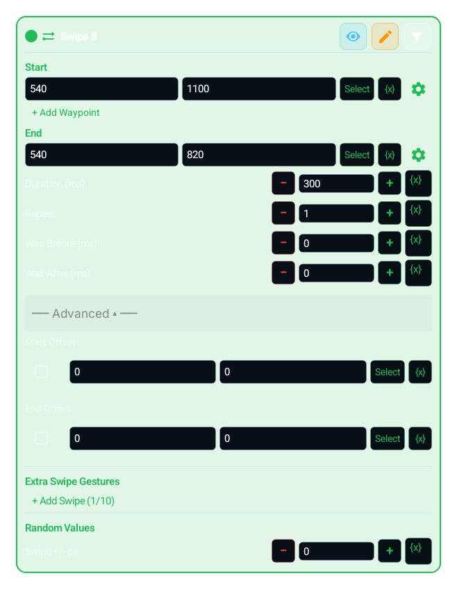 Swipe (SWIPE) advanced settings panel