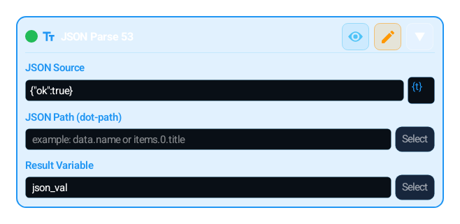 JSON Parse (JSON_PARSE) block card